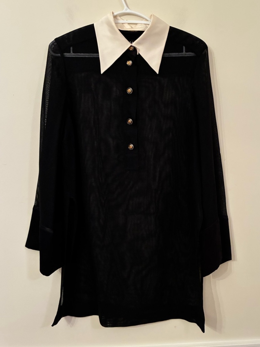CHANEL Black Sheer Top with White Pointed Collar
